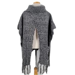 NWT Fashion by Mirabeau Women's Open Front Cowl Neck Fringed Poncho Pockets OS